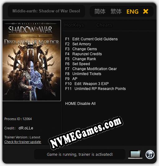Middle-earth: Shadow of War Desolation of Mordor: Treinador (V1.0.80)
