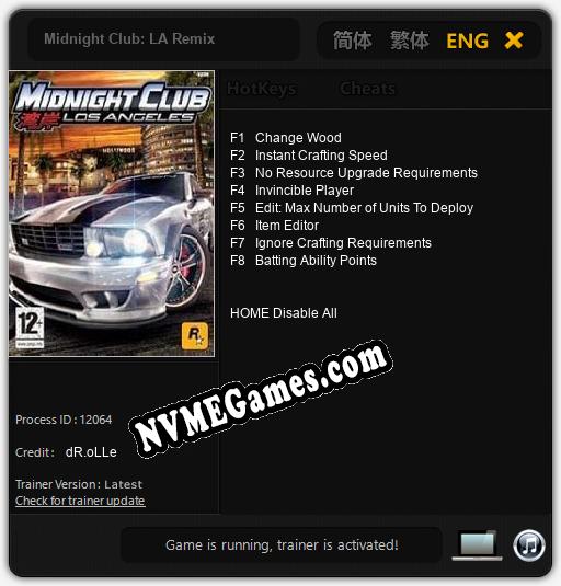 Treinador liberado para Midnight Club: LA Remix [v1.0.4]