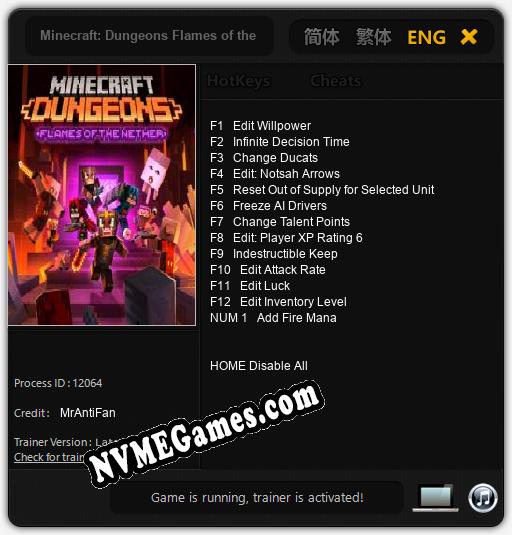 Treinador liberado para Minecraft: Dungeons Flames of the Nether [v1.0.7]