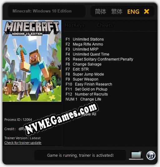 Treinador liberado para Minecraft: Windows 10 Edition [v1.0.1]