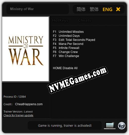 Treinador liberado para Ministry of War [v1.0.7]