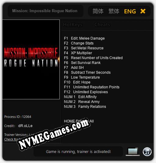 Treinador liberado para Mission: Impossible Rogue Nation [v1.0.9]