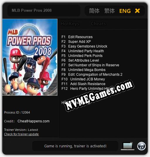 MLB Power Pros 2008: Cheats, Trainer +12 [CheatHappens.com]