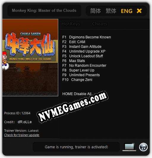 Treinador liberado para Monkey King: Master of the Clouds [v1.0.8]