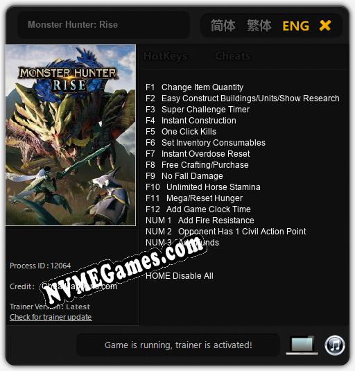 Treinador liberado para Monster Hunter: Rise [v1.0.5]