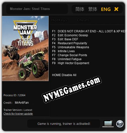 Treinador liberado para Monster Jam: Steel Titans [v1.0.7]