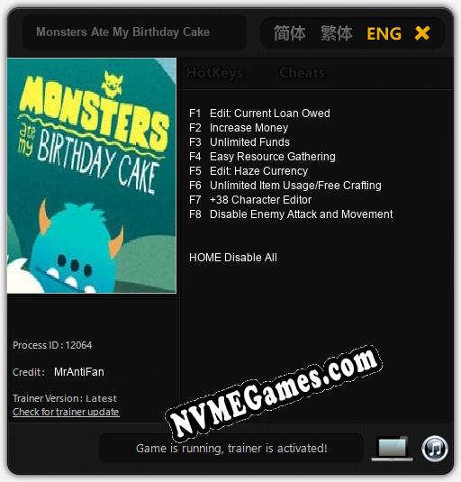 Monsters Ate My Birthday Cake: Trainer +8 [v1.7]