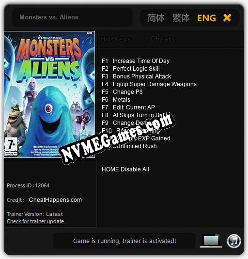 Monsters vs. Aliens: Trainer +12 [v1.9]