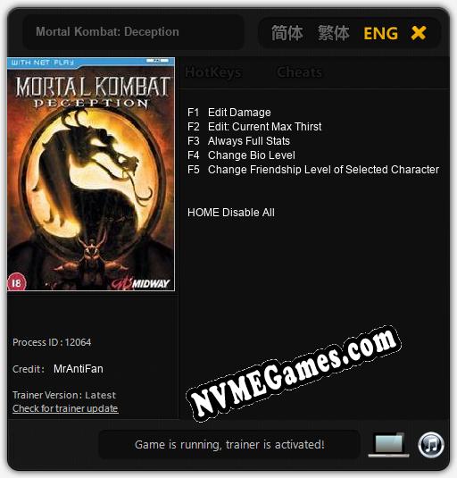 Treinador liberado para Mortal Kombat: Deception [v1.0.7]