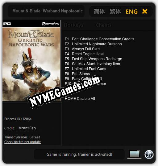 Treinador liberado para Mount & Blade: Warband Napoleonic Wars [v1.0.3]