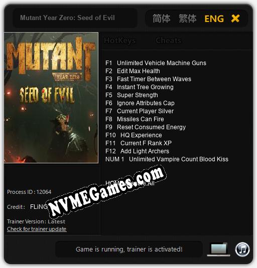 Treinador liberado para Mutant Year Zero: Seed of Evil [v1.0.4]