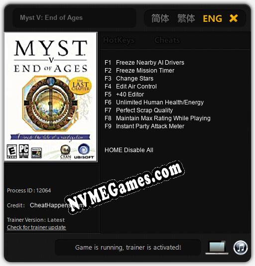 Treinador liberado para Myst V: End of Ages [v1.0.1]