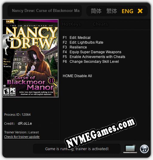 Nancy Drew: Curse of Blackmoor Manor: Trainer +6 [v1.4]