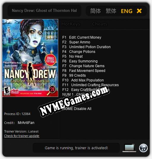 Nancy Drew: Ghost of Thornton Hall: Treinador (V1.0.85)