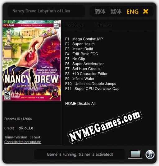 Nancy Drew: Labyrinth of Lies: Trainer +11 [v1.2]