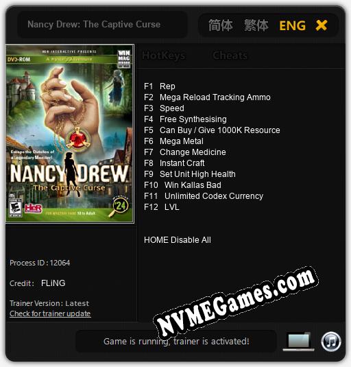 Nancy Drew: The Captive Curse: Cheats, Trainer +12 [FLiNG]