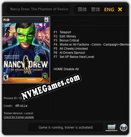 Nancy Drew: The Phantom of Venice: Cheats, Trainer +7 [dR.oLLe]