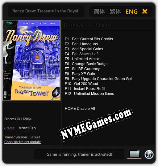 Nancy Drew: Treasure in the Royal Tower: Trainer +12 [v1.3]