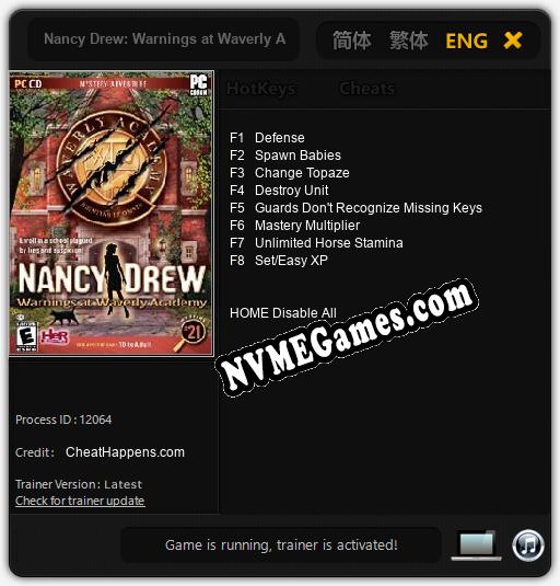 Nancy Drew: Warnings at Waverly Academy: Treinador (V1.0.25)