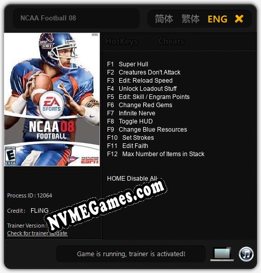 NCAA Football 08: Cheats, Trainer +12 [FLiNG]