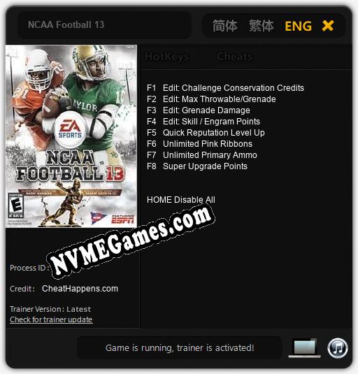 NCAA Football 13: Trainer +8 [v1.9]