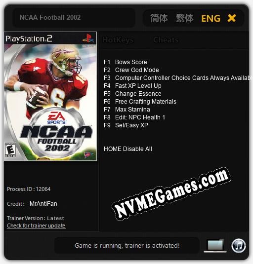 Treinador liberado para NCAA Football 2002 [v1.0.9]