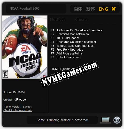 NCAA Football 2003: Trainer +8 [v1.3]