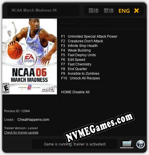 NCAA March Madness 06: Cheats, Trainer +10 [CheatHappens.com]