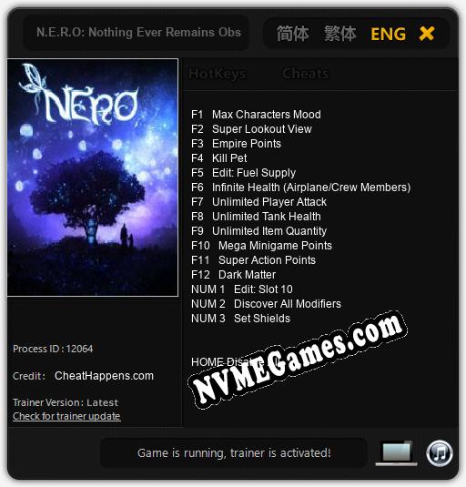 N.E.R.O: Nothing Ever Remains Obscure: Treinador (V1.0.70)