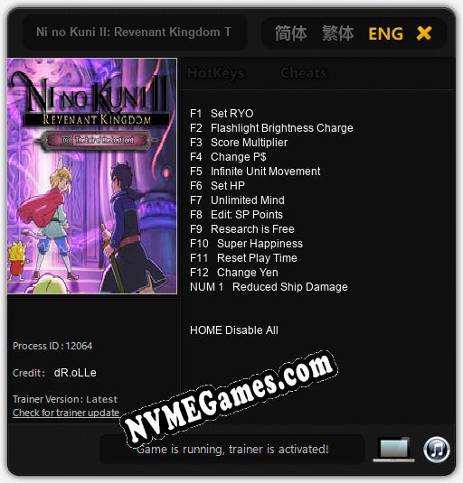 Treinador liberado para Ni no Kuni II: Revenant Kingdom The Lair of the Lost Lord [v1.0.3]