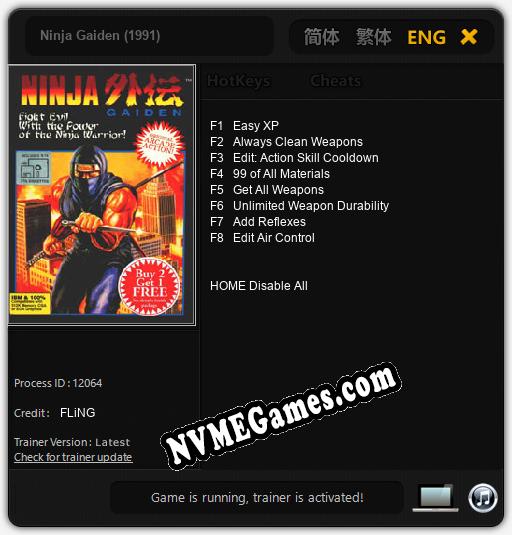 Treinador liberado para Ninja Gaiden (1991) [v1.0.1]