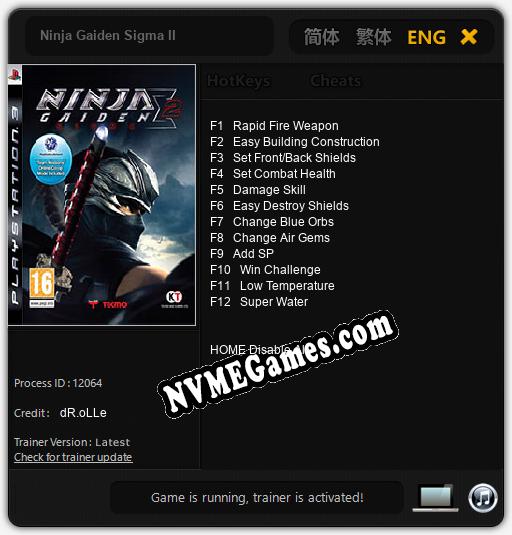 Treinador liberado para Ninja Gaiden Sigma II [v1.0.4]