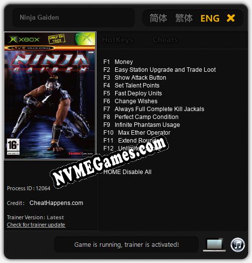 Ninja Gaiden: Trainer +12 [v1.8]