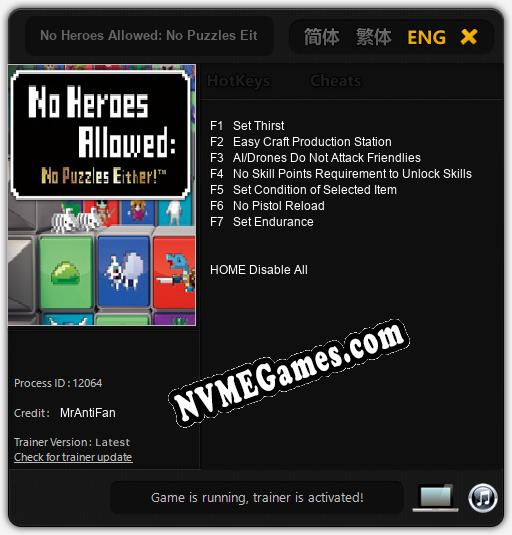 No Heroes Allowed: No Puzzles Either!: Cheats, Trainer +7 [MrAntiFan]