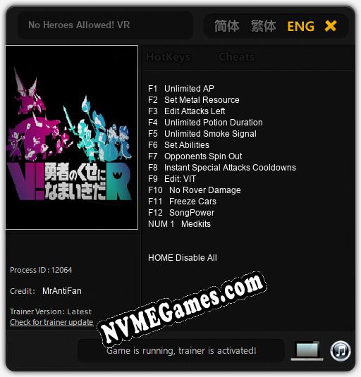 Treinador liberado para No Heroes Allowed! VR [v1.0.6]
