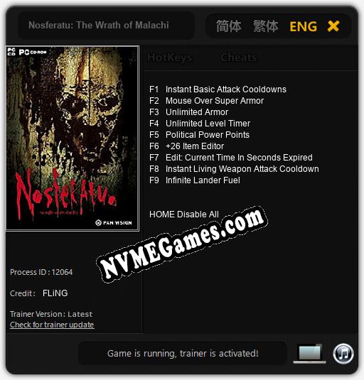 Nosferatu: The Wrath of Malachi: Treinador (V1.0.16)