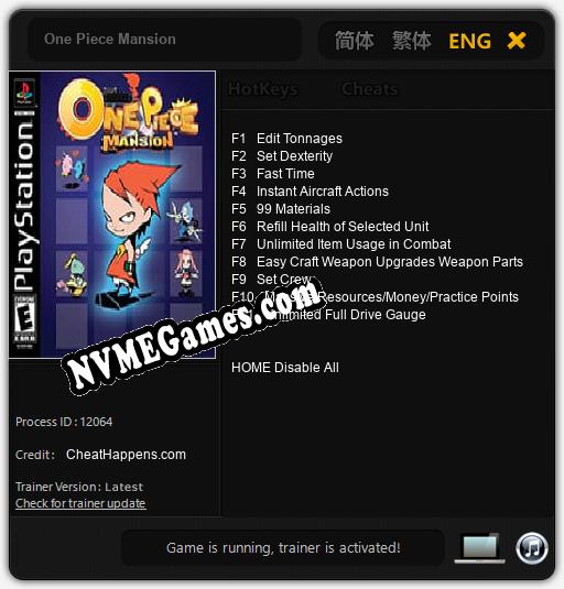 Treinador liberado para One Piece Mansion [v1.0.9]