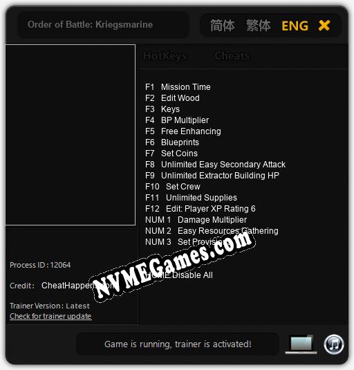 Treinador liberado para Order of Battle: Kriegsmarine [v1.0.7]