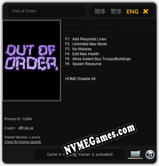 Treinador liberado para Out of Order [v1.0.6]