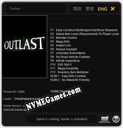 Outlast: Treinador (V1.0.10)