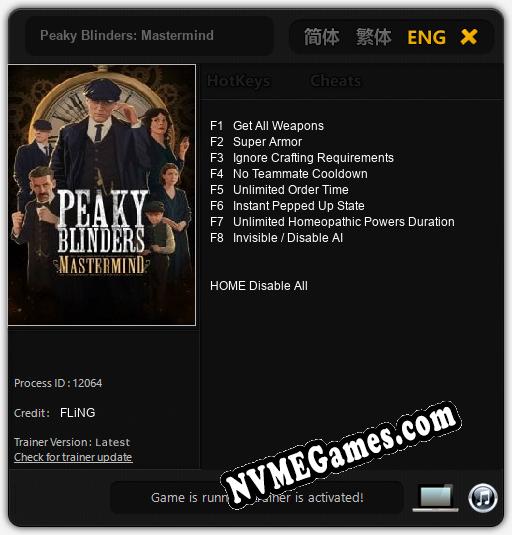 Treinador liberado para Peaky Blinders: Mastermind [v1.0.3]