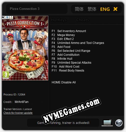 Treinador liberado para Pizza Connection 3 [v1.0.8]