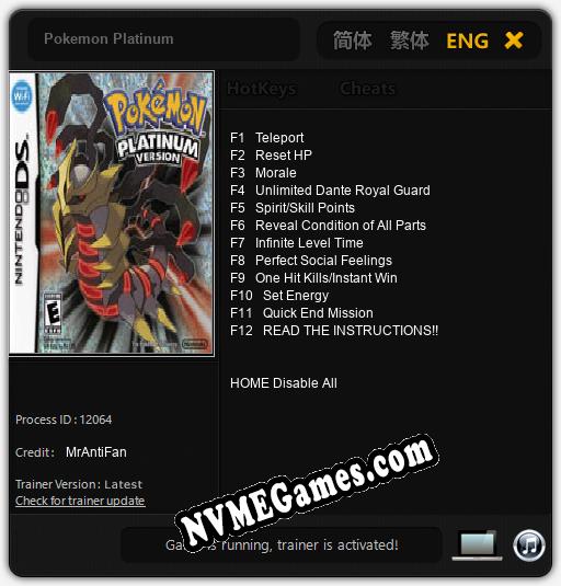 Pokemon Platinum: Trainer +12 [v1.5]