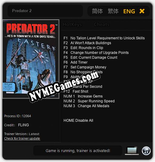 Predator 2: Cheats, Trainer +15 [FLiNG]