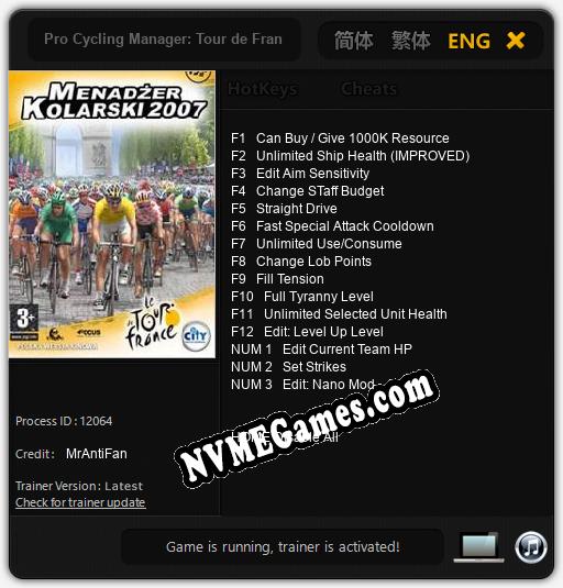 Pro Cycling Manager: Tour de France 2007: Cheats, Trainer +15 [MrAntiFan]