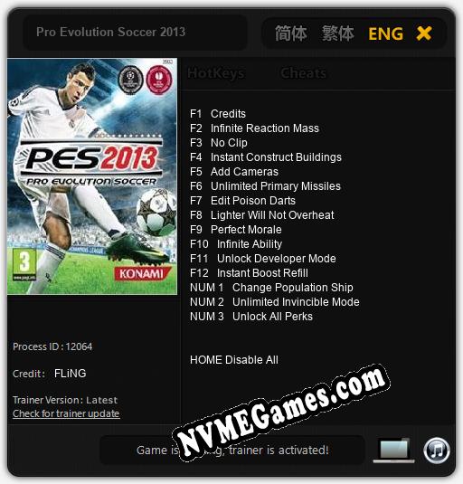 Pro Evolution Soccer 2013: Cheats, Trainer +15 [FLiNG]