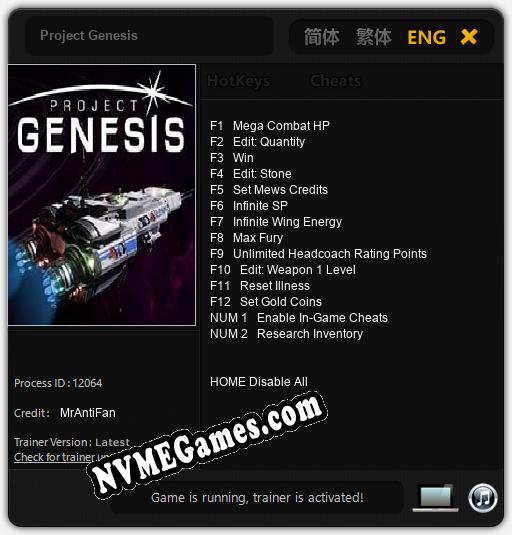 Treinador liberado para Project Genesis [v1.0.8]