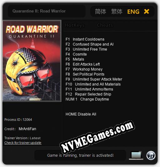 Quarantine II: Road Warrior: Treinador (V1.0.33)