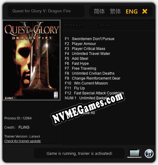 Treinador liberado para Quest for Glory V: Dragon Fire [v1.0.1]