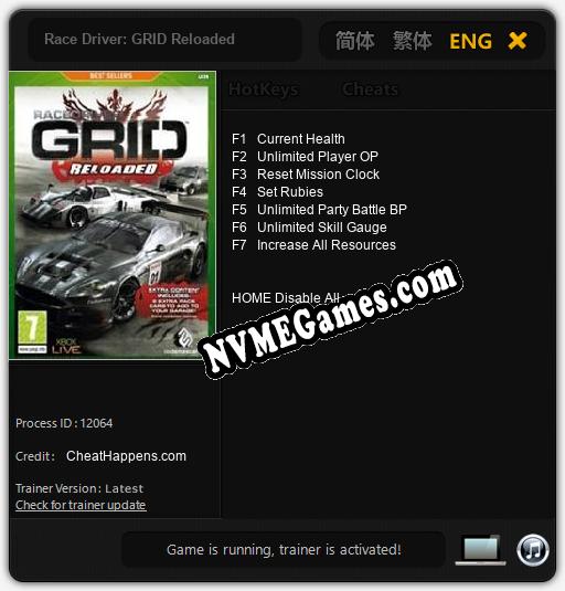 Race Driver: GRID Reloaded: Treinador (V1.0.79)